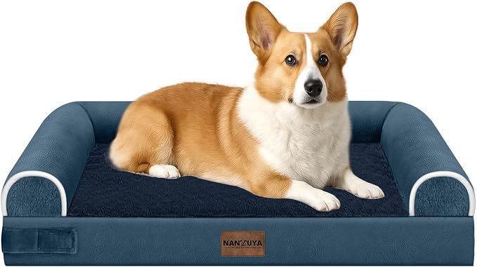 NANUYA Orthopedic Dog Bed for Medium Dogs, 30 x 20 Inch, Navy Blue | Egg crate foam for joint support, 3-sided bolster pet sofa, waterproof lining, washable cover, and non-skid base