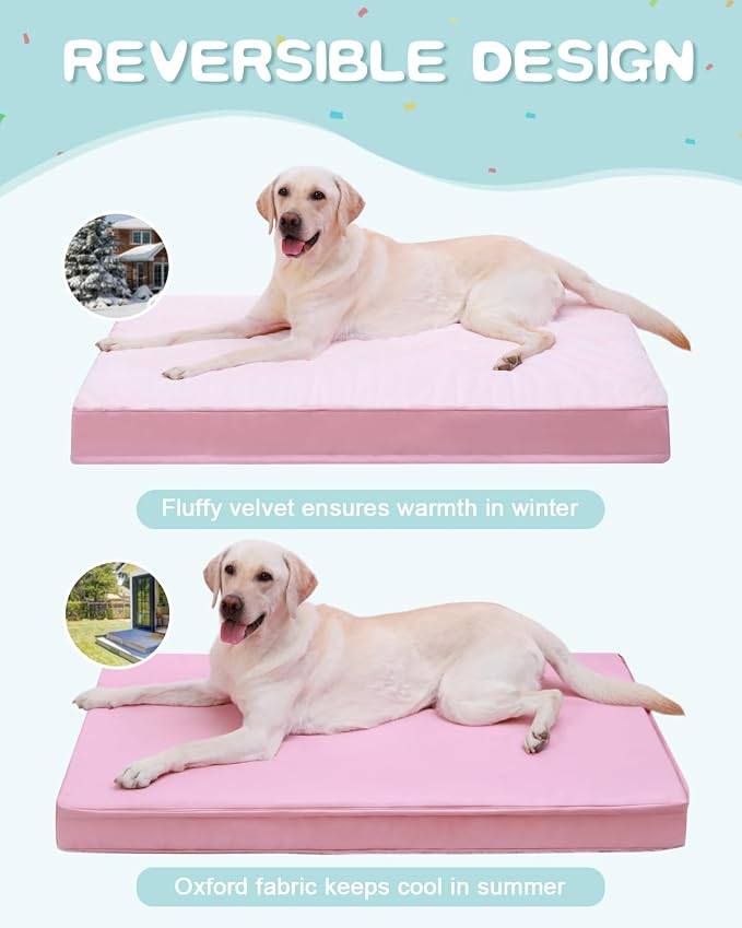 KSIIA Orthopedic Dog Bed for Large Dogs with Waterproof Lining, Pink, 35x22 | Deluxe Soft Plush Dog Crate Bed, Washable Pet Mat with Removable Cover & Egg Crate Foam for Large Dogs Sleeping & Relaxing