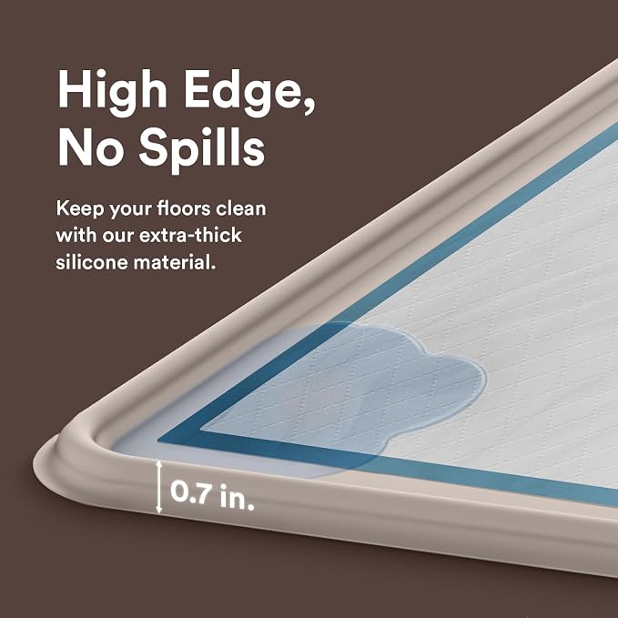 Dog Training Pad Silicone Tray - 35 x 28 in. No Spill Raised Lip High Edge Mat Holder, Extra Thick and Non-Slip for Indoor Floor Protection, Universal Fit Potty Training Pads (XL, Beige) | eenk