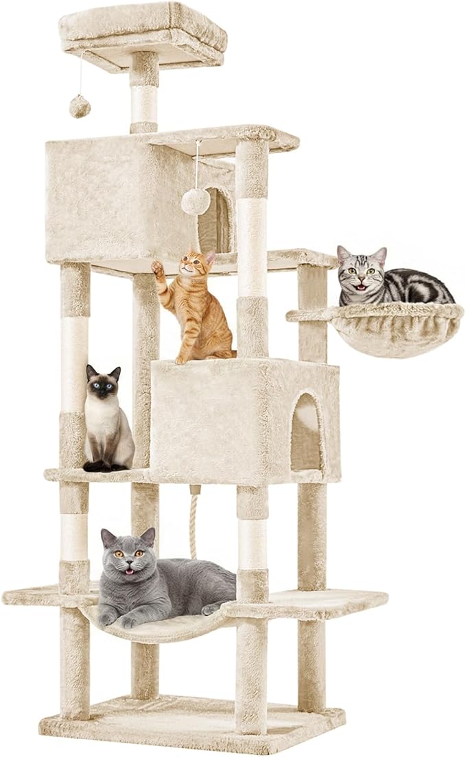 DUMOS Large 66 Inch Cat Tree Tower with Scratching Posts, Indoor Use | Tall Multi Level Cat Climbing Tower with Hammock, Pet Condo for Cats and Kittens Play, Beige