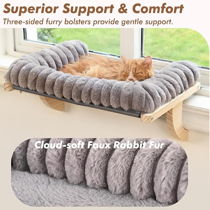 Cloud-Soft Cat Window Sill Perch, Zipper Design Cushion Pet Bed, M | Solid Wood & Sturdy Metal Frame, Machine Washable, Unobstructed Front View, Panoramic and Roomy Cat Hammock for Large Cats