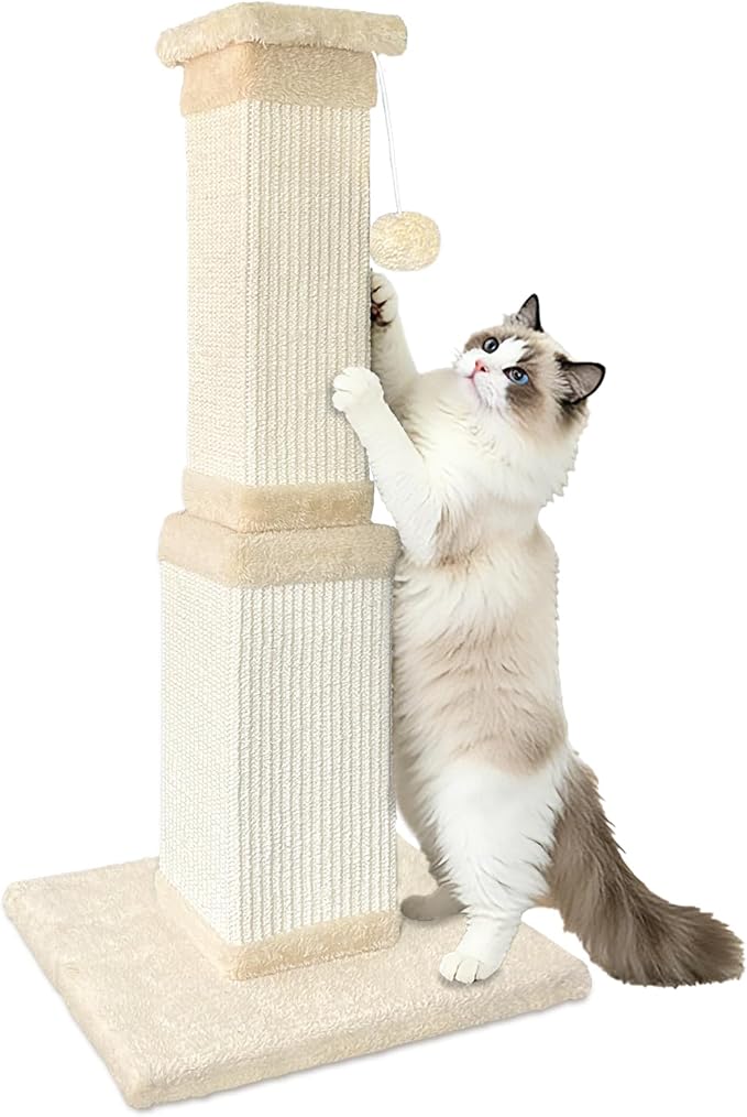 Cat Scratching Post for Large Cats, Cat Scratcher for Indoor Cats Adults, Sturdy Sisal Scratch Post to Protect Furniture, 32 Inch, Beige