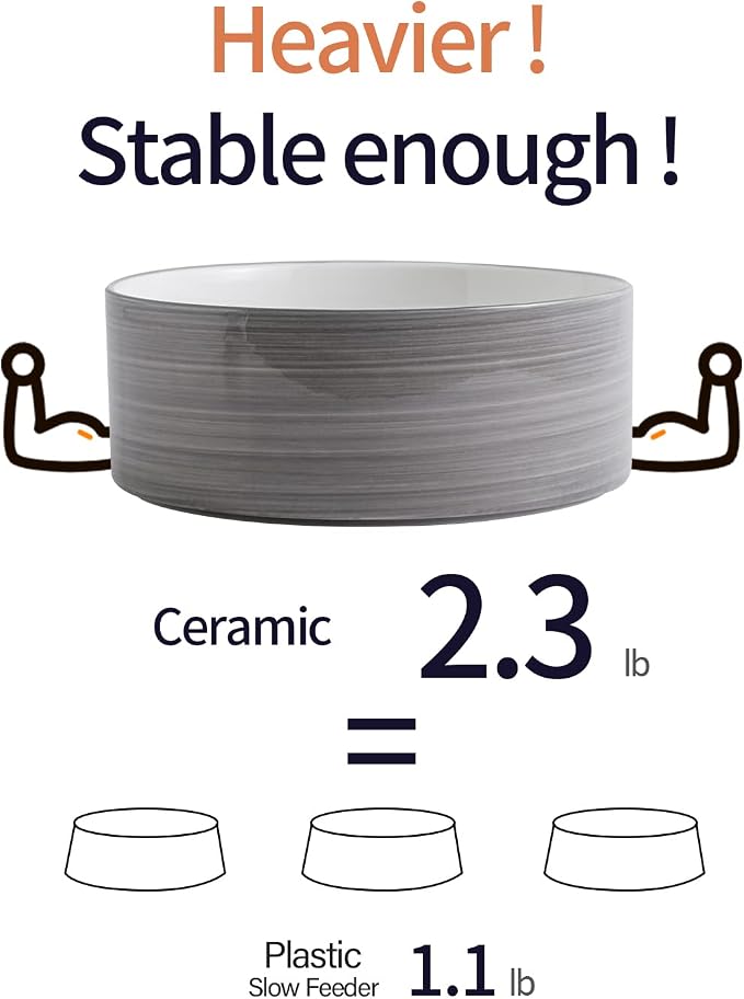 Elevated/Raised Dog Bowl Ceramic with Wood Stand for Medium Large Breed,Dog Food Water Dish Heavy Weighted,8 in Non Slip Modern Cute Porcelain Pet Bowl Extra Large Grey White