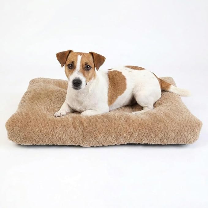 24 Inch Dog Crate Bed for Small Dogs, Washable Dog Crate Pad for Dog Cages, Soft Jacquard Flannel Kennel Mat with Anti-Slip Bottom, Fluffy Crate Mat for Puppies and Small Dogs,Khaki