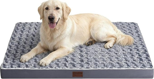 Orthopedic Rose Plush Cover Dog Bed,Big XL Sized Dog 42''X30''x4'' Soft Waterproof Egg Foam Pet Crate Beds Mat or Kennel Pads with Removable Washable Cover,Non-Slip Bottom,Grey