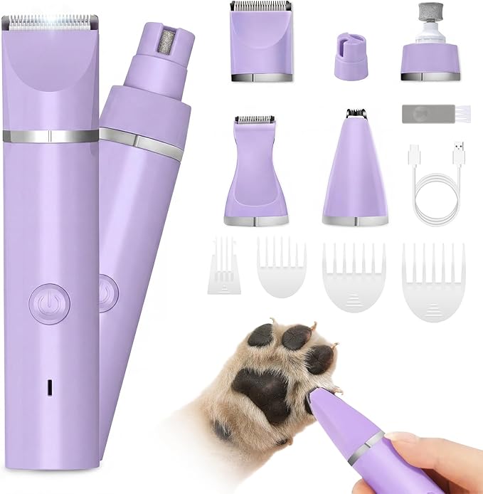 Veeconn 4 in 1 Dog Clippers Grooming Kit with Paw Hair Trimmer for Cat Pet | Low Noise, 7500RPM Powerful, IPX7 Waterproof, Safe & Easy for Beginners, 4 Guide Combs, Cordless Dog Nail Grinder(Purple)
