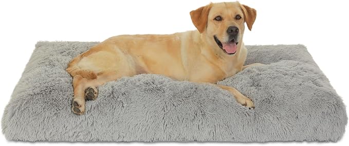 Bedfolks Waterproof Dog Crate Bed, Plush Dog Pad, 47"x29", Solid Light Grey | Faux Fur Plush Cover, Zippered Removable Washable Outer, Waterproof Inner Lining, Non-Slip Base, Crate Pad and Dog Pillow