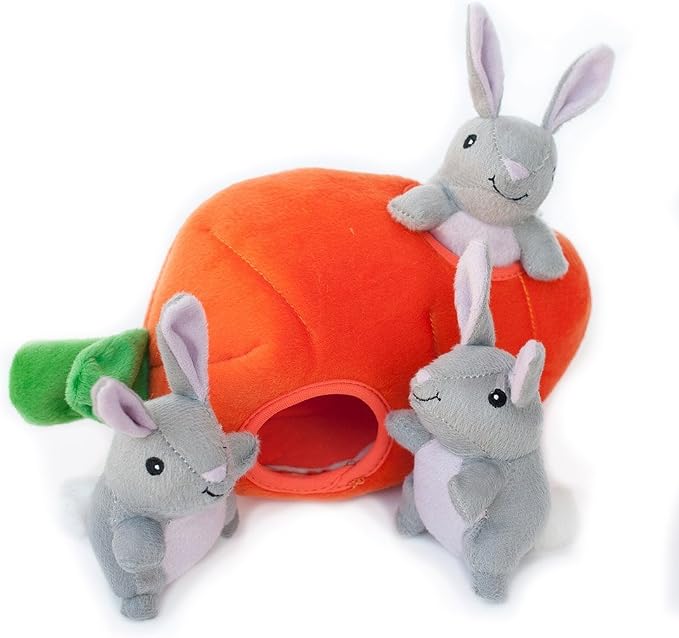ZippyPaws Burrow- Interactive Dog & Puppy Toys for Boredom, Stimulating Pet Products to Keep Them Busy, Hide & Seek Plush Dog Puzzles, Enrichment Squeaky Toy, for Small & Medium Dogs- Bunny n' Carrot