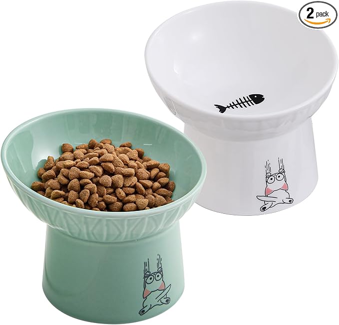6.5 Inch Tilted Elevated Cat Bowls, Ceramic Extra Wide Raised Cat Bowl Set | Prevent Neck, Whisker Fatigue, Anti Vomit, for Cats Puppies, Dishwasher Microwave Safe, White & Green
