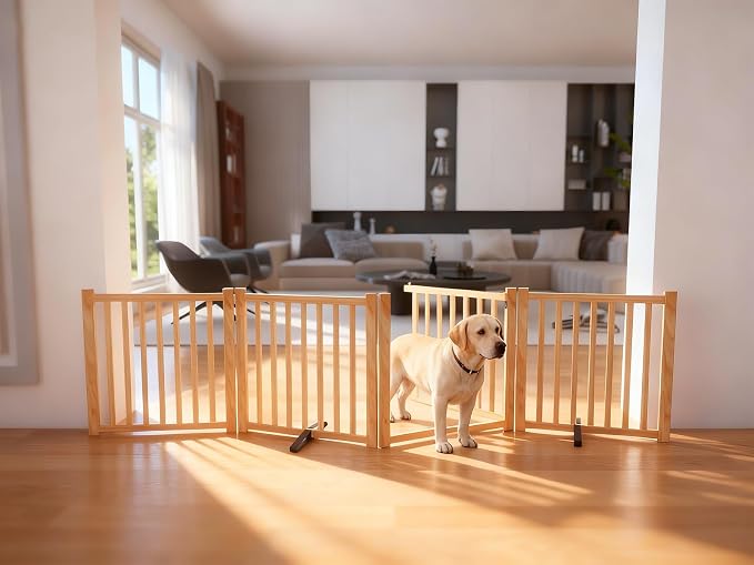 YOCAN Non-Painted Wooden Freestanding Dog Gates with Door for The House,Doorways, Stairs,Wood Dog Fences Indoor Pet Gate,Step Over Fence-4 Panel H:23"