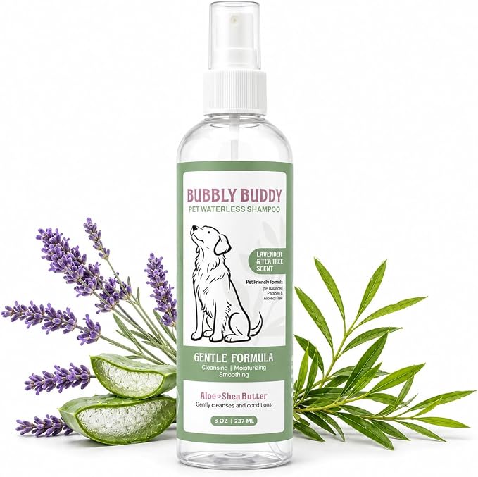 Pet Waterless Shampoo for Dogs, No-Rinse Dog Shampoo Spray with Aloe, Shea Butter, Colloidal Oatmeal, Jojoba Oil, Vitamin E & Tea Tree Oil, pH Balanced, Lavender & Tea Tree Scent, 8 fl oz