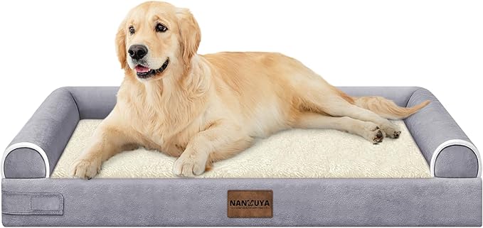 NANUYA Orthopedic Dog Bed for Large Dogs, 36 x 27 Inch, Purple | Egg crate foam for joint support, 3-sided bolster pet sofa, waterproof lining, washable cover, and non-skid base