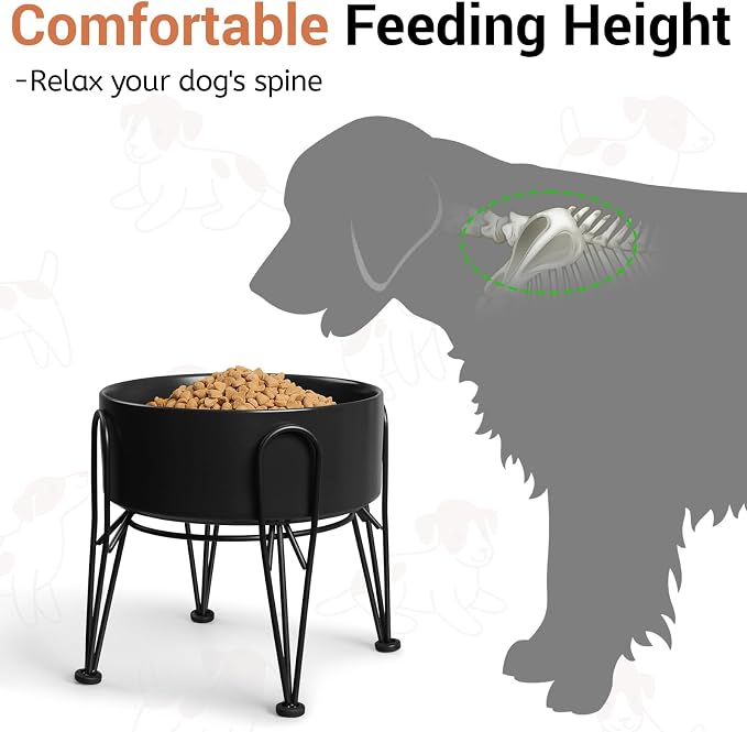 Elevated Dog Bowls, Ceramic Raised Dog Bowl Set with Anti-Slip and Non-Tip Metal Stand, 2 Pack Pet Food and Water Feeding Bowls for Small and Medium Dogs (Black,7.6 Cups)