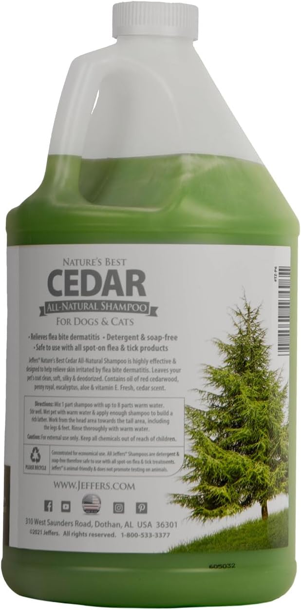 Jeffers Pet Nature's Best Cedar Shampoo for Dogs & Cats, 128 oz, Coconut Based Deodorizing Pet Shampoo, Soap & Detergent Free Grooming Bath Cleanser, with Cedar Oil, Aloe & Vitamin E, Made in USA