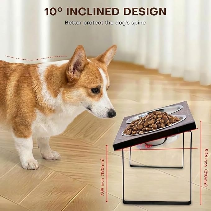 Elevated Dog Bowl Stand for Medium and Large Dogs, MDF Raised Dog Feeder with 2 Stainless Steel Bowls, Tilted Dog Food and Water Dish Set, Wooden Pet Feeding Station (Black)
