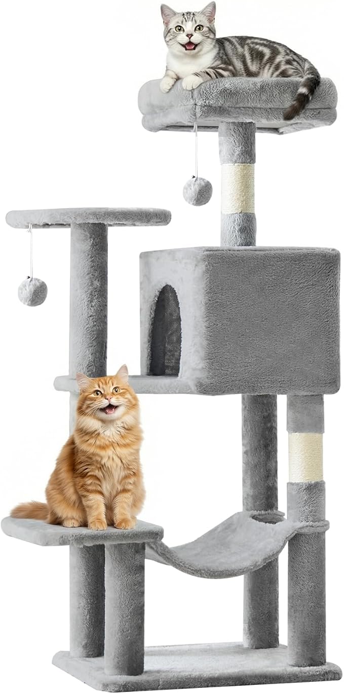 DUMOS 44 Inch Cat Tree Tower with Natural Sisal Scratching Posts | Small Cat Tree with Hammock, Pet Condo for Indoor Cats and Kittens Play, Light Grey