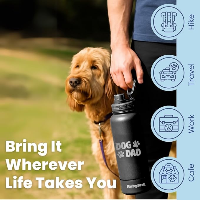 Dog Dad Water Bottle – 32 oz Stainless Steel Double Wall Insulated with 8 oz Detachable Bowl on Bottom – Cool Dog Dad Gifts for Father's Day, Hiking, Walking, Travel & Everyday Adventures – DD Black