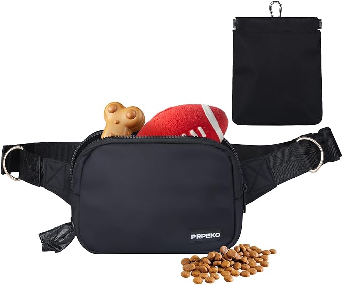 Prpeko Dog Treat Pouch Fanny Pack,Treat Pouches for Pet Training with Removable Snack Pouch,Pet Waist Belt with Poop Bag Dispenser,Dog Walking Training Bag (Black)