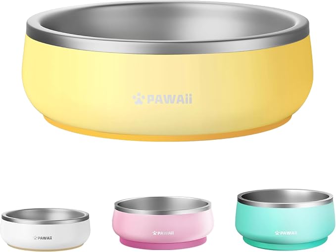 Pawaii Small Dog Bowls, 12 oz. Food Water Bowl Designed for Puppies and Cats with Non-Slip Rubber Base, Upgraded Metal Insulated, Double Stainless Steel Bowls, Cheese Yellow | Double-Wall Design,Smooth Open Bowl Design,Easy-Rinse Interior,Wide Bowl Ope...