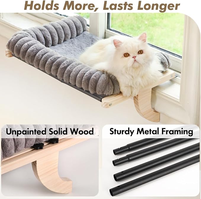 Cloud-Soft Cat Window Sill Perch, Zipper Design Cushion Pet Bed, M | Solid Wood & Sturdy Metal Frame, Machine Washable, Unobstructed Front View, Panoramic and Roomy Cat Hammock for Large Cats