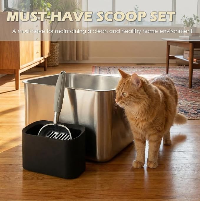 Metal Cat Litter Scoop with Holder, Aluminum Cats Litter Scooper Captures All Clumps, Heavy Duty Metal Kitty Scoopers with Holder, Cat Metal Scoop and Holder (Black) | Metal Cat Litter Scoop with Holder