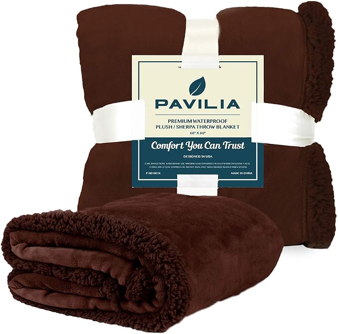 Pavilia Waterproof Couch & Dog Blanket | Plush Soft Warm Fuzzy Sherpa, Brown, 90x90