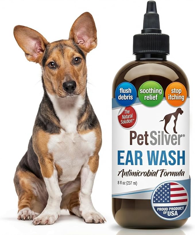 Natural Ear Wash Cleaner for Dogs & Cats, 8 fl oz | Infection Treatment for Dogs, Targets Odors & Wax Build-Up, Soothes Itchy Ears, NOT Colloidal Silver - Chelated Silver, USA