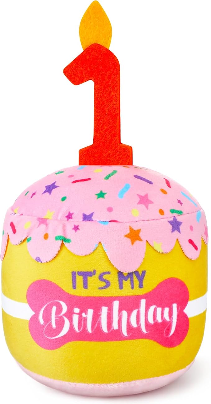 Dansydaisy Dog Birthday Cake Toy Squeaky Plush Toy for Girl Boy Gifts, Chew Accessories for Dog Birthday Party Decor Favor for Large, Medium and Small Dogs(1st,Pink and Yellow)