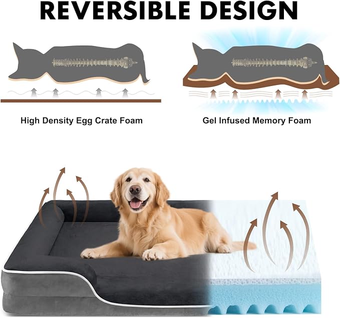 DUMOS Orthopedic Dog Beds for Large Sized Dogs, 42x32 in Machine Washable Cover Pet Bed, Anti-Slip Waterproof Memory Foam Couch Bed for Indoor Dogs and Cats, Grey