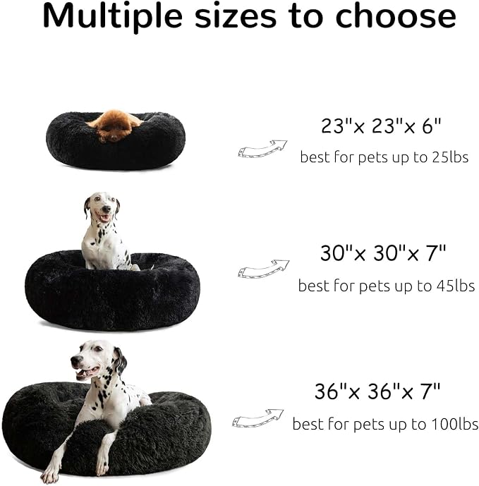 HACHIKITTY Calming Donut Cuddler Dog Bed, Round Fluffy Pet Bed for Small Dogs,Washable, Large, Black, 24''