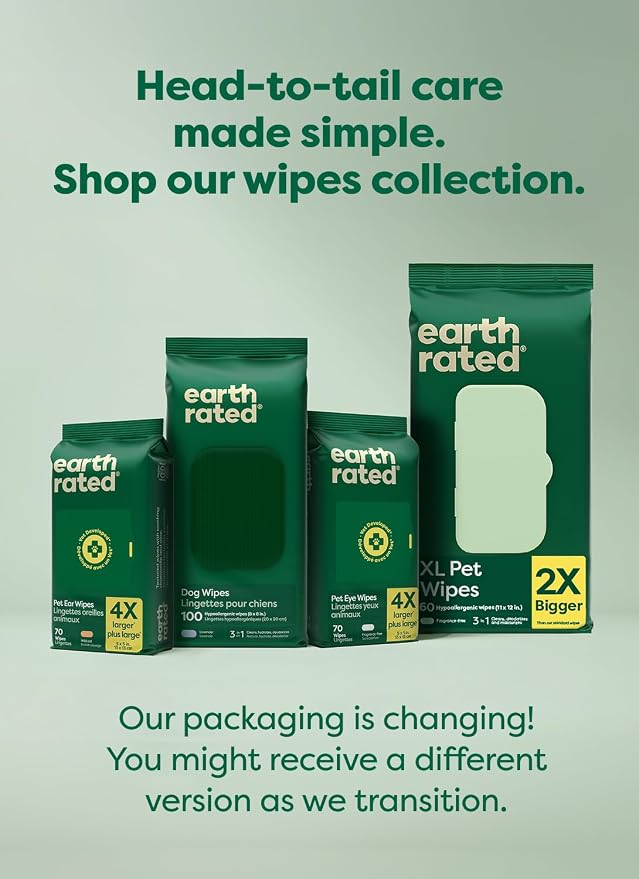 Earth Rated Dog Wipes for Paws & Butt, Deodorizing, Unscented, 100ct | Hypoallergenic, 3-in-1 Cleaning and Hydrating, for Grooming Paws, Body and Butt