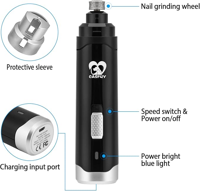 Casfuy Dog Nail Grinder Upgraded - Professional 2-Speed Whisper-Quiet Electric Pet Nail Trimmer Painless Paws Grooming & Smoothing for Small Medium Large Dogs & Cats (Black)