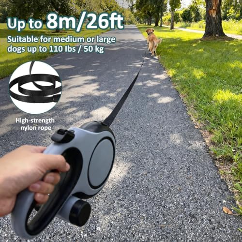 26ft/8m Retractable Dog Leash,Heavy Duty Leash for Large Dogs Up to 110Ibs