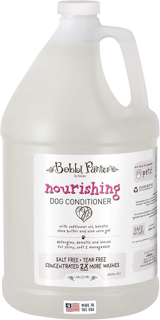 Bobbi Panter Nourishing Dog Conditioner Safflower Oil, Keratin, Shea Butter & Aloe Vera – Detangling Natural Formula for Soft, Smooth & Manageable Coat, 10:1 Concentrate, Made in USA, 1 Gallon