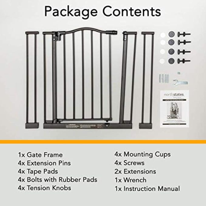 MyPet Windsor Arch Hold-Open & Auto-Close Pressure-Mount Pet Gate: Heavy-Duty Steel Gate 28.5in Tall Comes with Two 5in Extensions from 28in to 38in Wide in Matte Bronze