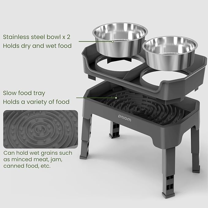 3-in-1 Elevated Dog Bowls Mess Proof Raised Slow Feeder Dog Bowls, 4 Height Adjustable Dog Bowl Stand Licking Plate with 2 56oz Stainless Steel Dog Food Bowls for Small Medium Large Dogs Pets