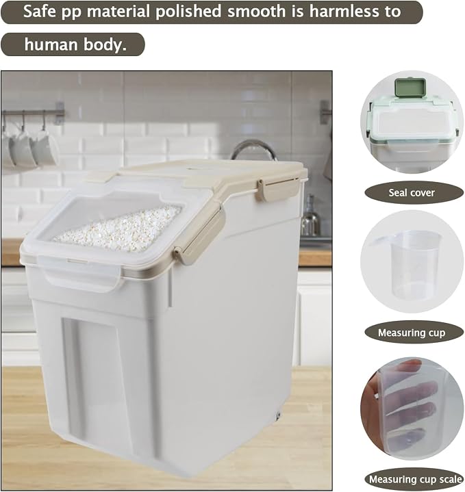 AnRui Airtight Rice Storage Container 30LBS, Large Flour Storage Containers BPA Free Kitchen Pantry Food Storage Bin Sugar Snack Cereal Grain Organizer Box with Wheel, Scoop, 4Pack, Grey