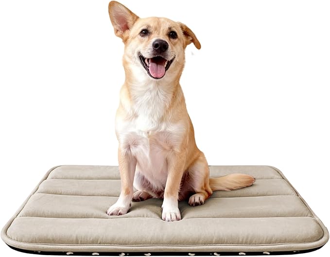 Dog Bed Mat, Reversible Dog Crate Pad with Washable Kennel Mat and Soft Foam, Flat Pet Bed for Dogs & Cats, for Crates Carriers & Travel (Light Brown, 28" L*16" W*1.5" Th)