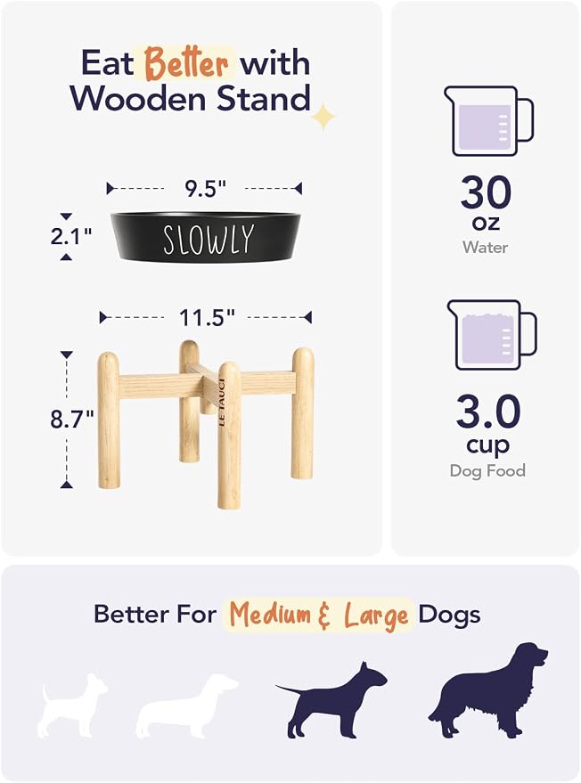 LE TAUCI PET Ceramic Slow Feeder Dog Bowls Elevated, 3 Cups Raised Dog Bowl with Wooden Stand for Medium Large Breed to Slow Down Eating, Puzzle Food Bowl,Black