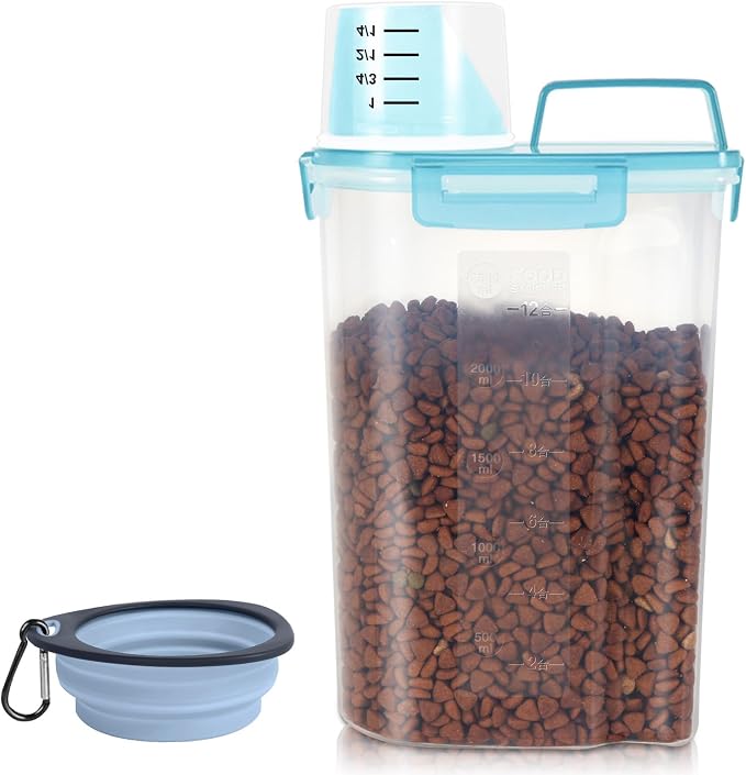 LEAWALK 3-5Lbs/3Qt Dog Cat Food Storage Container With Foldable Bowl., Plastic Pet Food Dispenser for Small Animal Kibble/Pet Food/Bird Seed/Oatmeal/Rice/Flour/Brown Sugart/Cereals (Clear Bule)