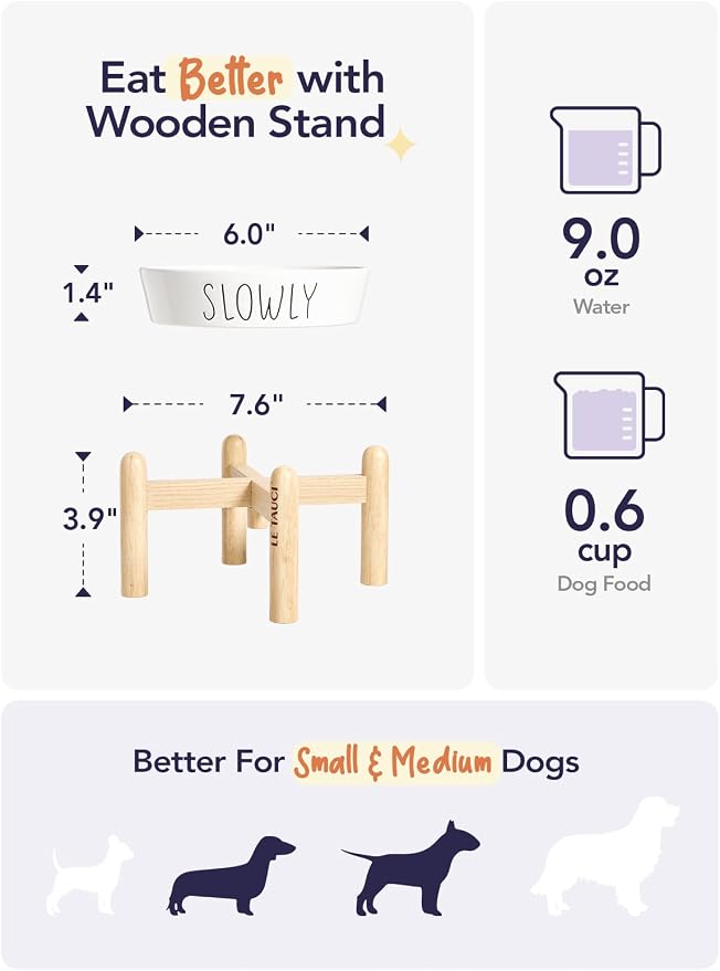 LE TAUCI PET Ceramic Elevated Slow Feeder Dog Bowl - 0.6 Cup Puzzle Feeder with Wooden Stand for Small Breeds, White Pet Dish