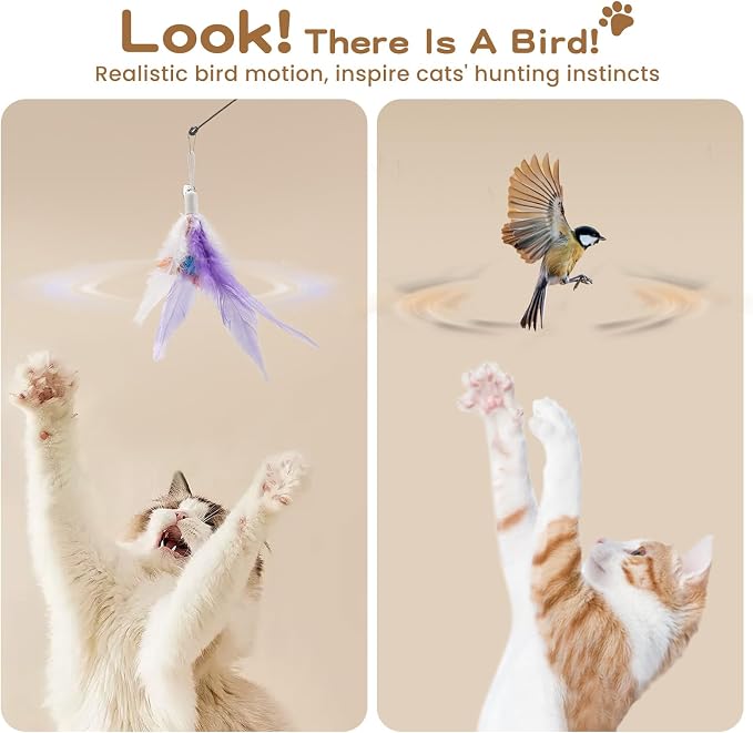 Pawaboo Feather Teaser Cat Toy, Interactive Feather Wands Cats Toy Flying Feathers Cat Catcher with Extra Long 34.5" Wand and Small Bell, Exerciser Playing Toys, 1 Wand + 6 Feathers, Colorful
