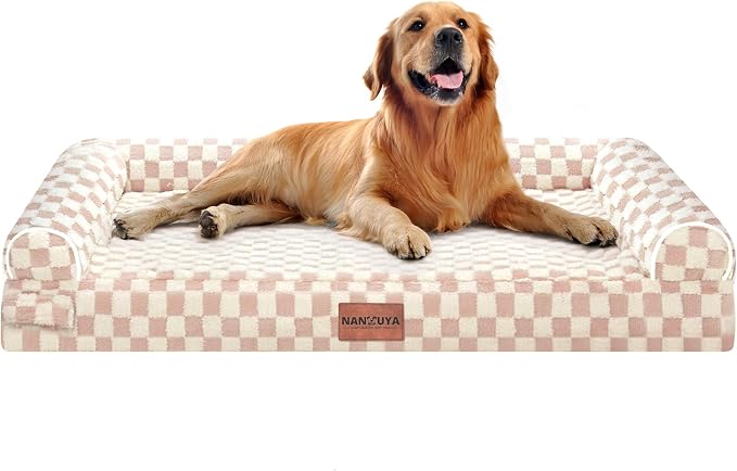 NANUYA Orthopedic Dog Bed for X-Large Dogs, 40 x 32 Inch, Pink Grid | Egg crate foam for joint support, 3-sided bolster pet sofa, waterproof lining, washable cover, and non-skid base