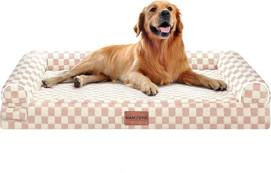 NANUYA Orthopedic Dog Bed for X-Large Dogs, 40 x 32 Inch, Pink Grid | Egg crate foam for joint support, 3-sided bolster pet sofa, waterproof lining, washable cover, and non-skid base