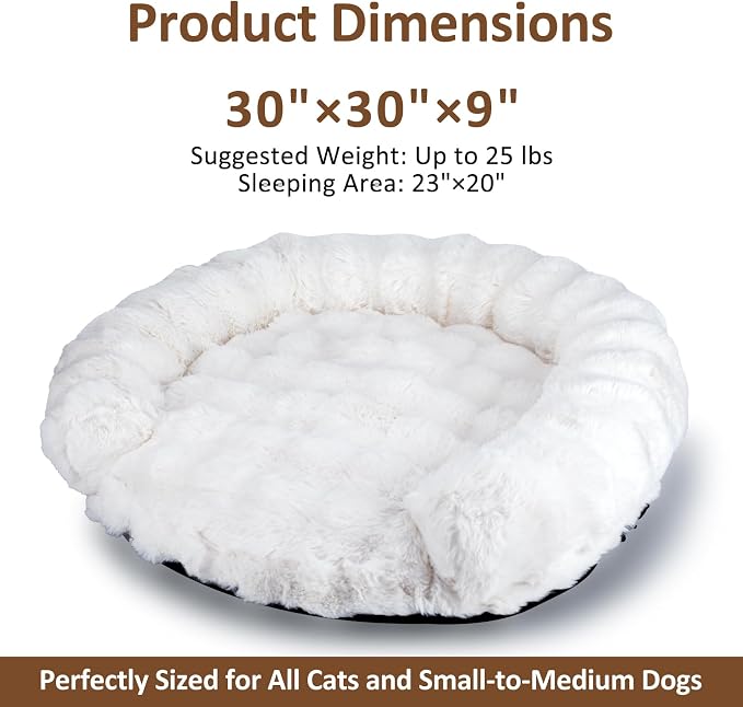 Dog Bed Couch Sofa for Small Medium Dogs Cats 30x30x9 Round White | Round Plush, Orthopedic, Washable, Removable Cover, Anxiety Relief
