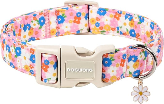 DOGWONG Pink Floral Dog Collar, Spring Summer Pretty Cute Girl Dog Collar,Girl Female Dogs Collars for Small Medium Dogs, Neck 11-16 inches