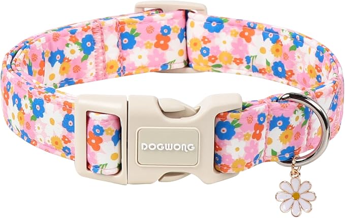 DOGWONG Pink Floral Dog Collar, Spring Summer Pretty Cute Girl Dog Collar,Girl Female Dogs Collars for Medium Lrage Dogs, Neck 39-60 inches