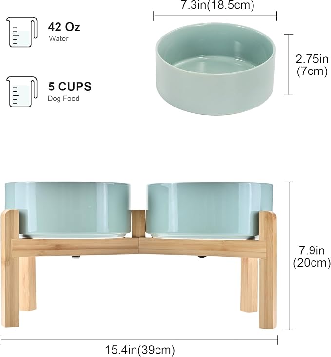 SPUNKYJUNKY Elevated Dog Bowls Ceramic, 7.3'' Dogs Food Water Bowls Raised with Non-Slip Bamboo Stand for Medium to Large Sized Breed Microwave Dishwasher Safe - 42 OZ,Light Green