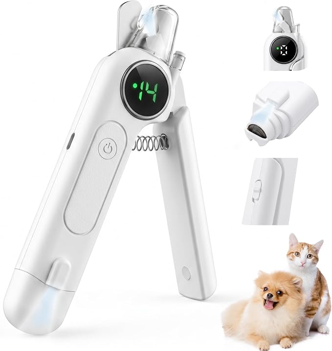 2-in-1 Pet Nail Clipper with LED Light and Digital Display – Upgraded Cat and Dog Nail Grinder with Safety Guard, USB Charging, Splash-Proof, Low-Noise, Pain-Free Nail Trimmer (White)