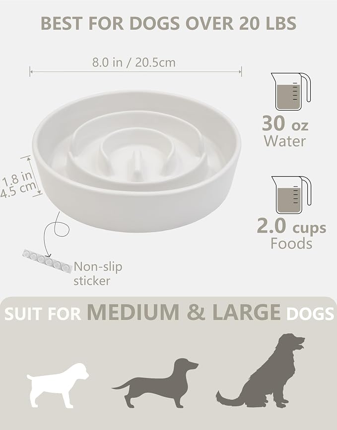 Ceramic Slow Feeder Dog Bowls, 2.0 Cups Slow Feeder for Medium Dogs, Puzzle Maze Bowl to Slow Down Eating, 30oz, 8in, White